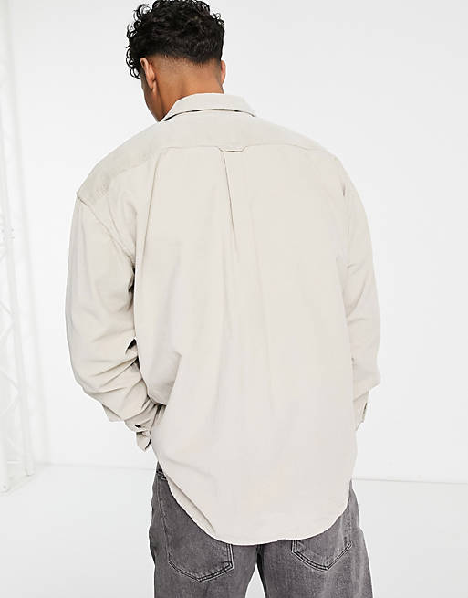 Men New Look oversized cord overshirt in off white 
