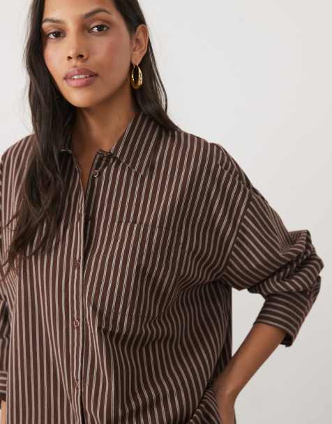 New Look oversized cotton poplin shirt in chocolate brown stripe - view 1