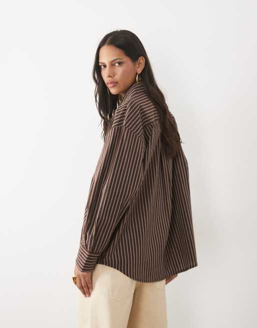 New Look oversized cotton poplin shirt in chocolate brown stripe, 4 of 4