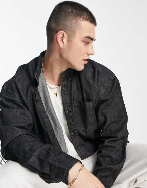 New Look - Oversized denim overhemd in jaren 90-stijl met lange mouwen in zwart