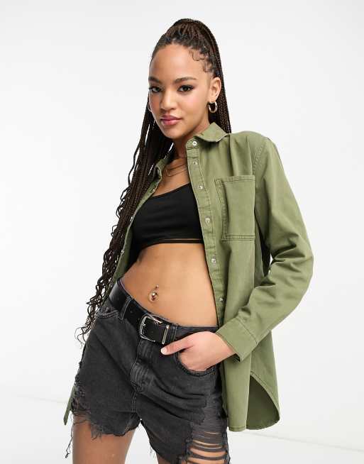 New Look oversized denim shirt in light khaki | ASOS