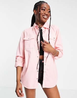 New Look Oversized Denim Shirt In Light Pink ModeSens