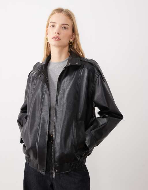 New Look oversized funnel neck faux leather jacket in black, 2 of 4