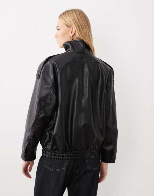 New Look oversized funnel neck faux leather jacket in black, 4 of 4