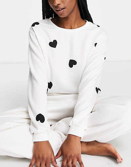 New Look oversized heart print pyjama sweat in white