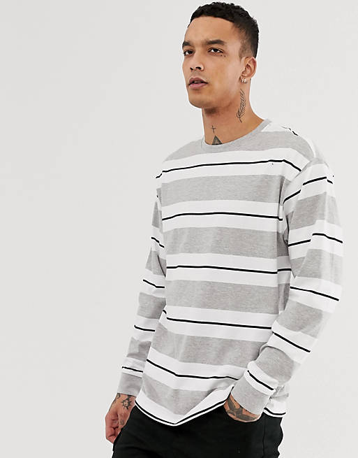 New Look oversized long sleeve cuff t-shirt in grey stripe | ASOS