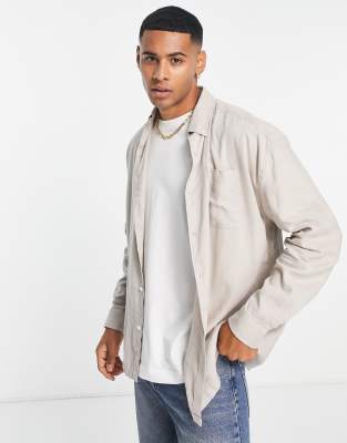 New Look Oversized Long Sleeve Linen Mix Shirt In Stone-neutral