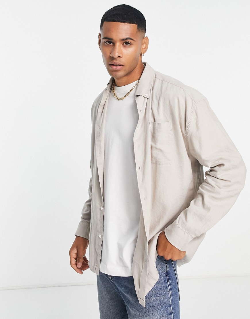 New Look Oversized Long Sleeve Linen Mix Shirt In Stone-neutral