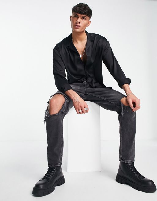 New Look oversized long sleeve satin shirt in black | ASOS