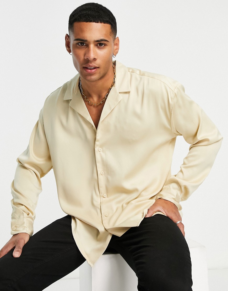 New Look Oversized Long Sleeve Satin Shirt In Champagne-neutral