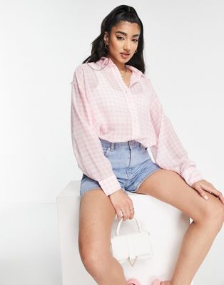 New Look oversized long sleeve shirt in pink gingham - ASOS Price Checker