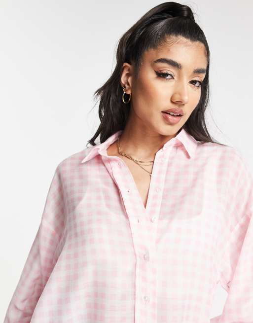 New Look oversized long sleeve shirt in pink gingham