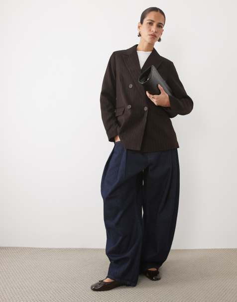 New Look oversized nålestribet blazer, del af sæt, i mørkebrun - view 1