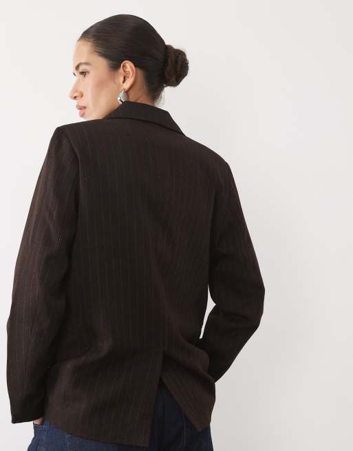 New Look oversized nålestribet blazer, del af sæt, i mørkebrun, 4 af 4