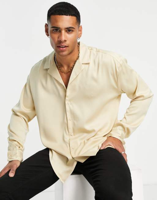 New Look - Oversized overhemd van satijn met lange mouwen in champagne