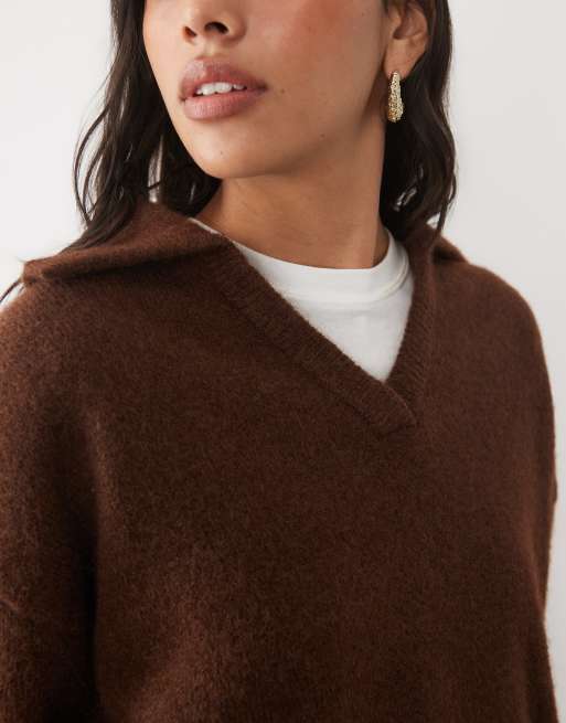New Look oversized polo collar jumper in dark brown, 3 of 4