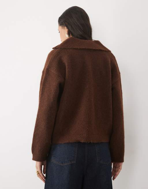 New Look oversized polo collar jumper in dark brown, 4 of 4