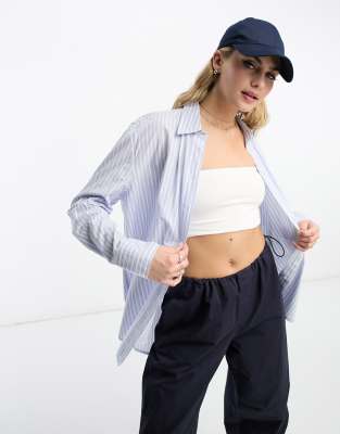 New Look oversized poplin boyfriend shirt in blue and white stripe | ASOS