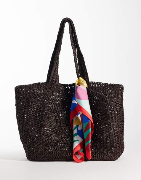 New Look oversized raffia tote bag with scarf in dark brown - view 1