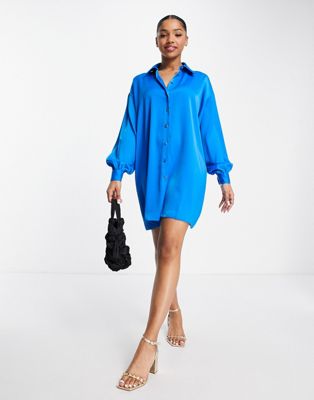 New Look oversized satin shirt dress in blue
