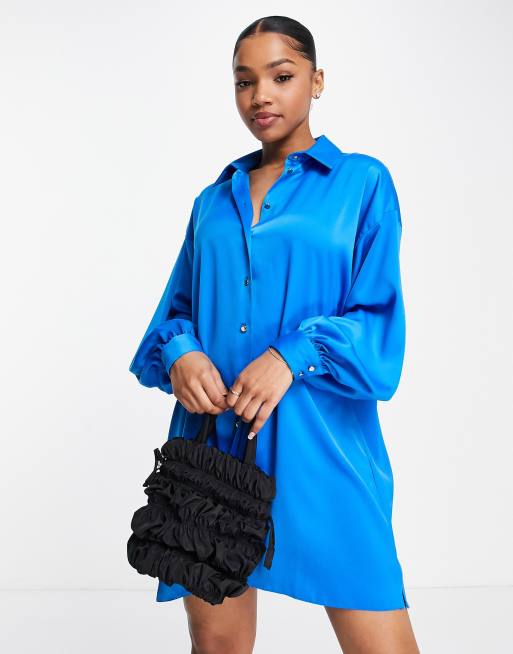 Blue satin 2025 shirt dress