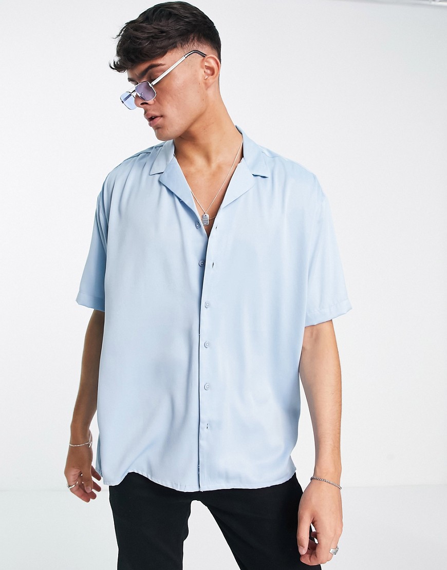 New Look oversized short sleeve satin shirt in light blue
