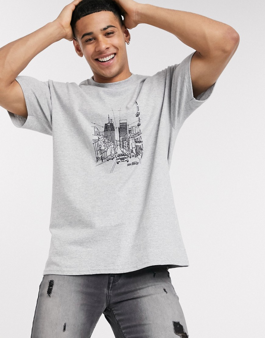 New Look oversized sketch print t-shirt in grey