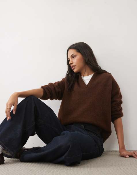New Look oversized striktrøje med polokrave i mørkebrun - view 1