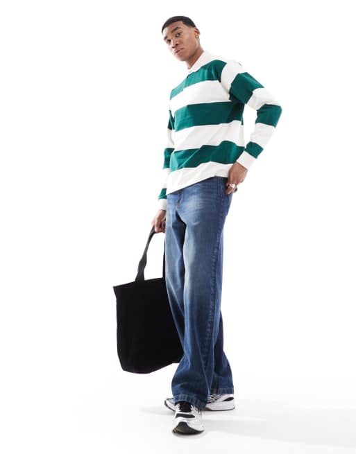 New Look oversized stripe rugby polo shirt in green pattern, 4 of 4