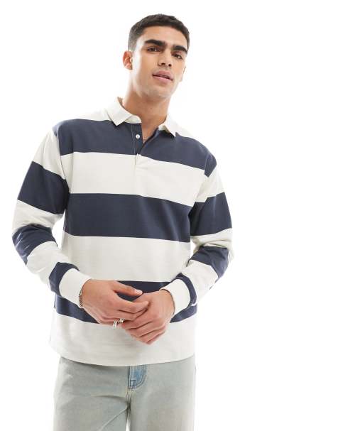 New Look oversized stripe rugby polo shirt in navy and white - view 1