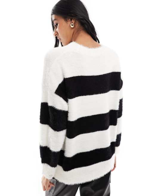 New Look oversized striped ladder detail jumper in black and white, 3 of 4