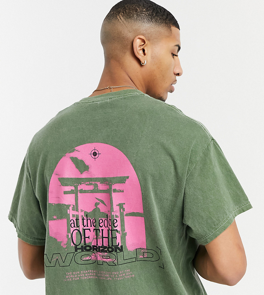 new look oversized t-shirt with back print in overdye khaki-green