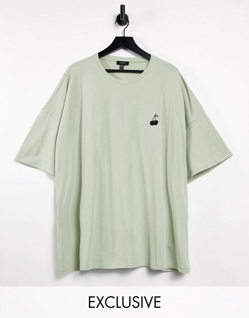 New Look oversized t-shirt with cherry embroidery in green