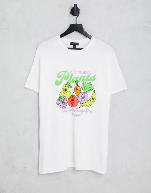 New Look oversized T-shirt with eat more plants print in white