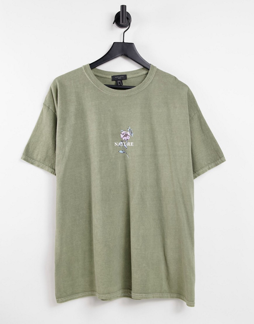 new look oversized t-shirt with floral print in khaki-green