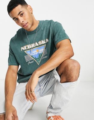 New Look oversized t-shirt with Nebraska print in overdye dark green