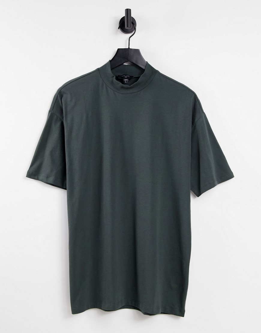 new look oversized turtle neck t-shirt in dark green