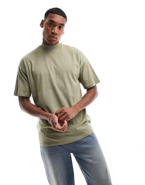 ASOS DESIGN short sleeve t-shirt with mock neck and taping detail in khaki