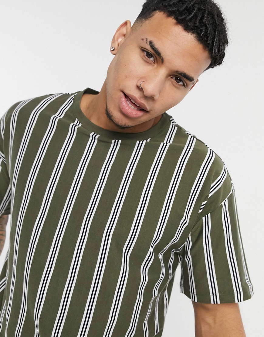 New Look oversized vertical striped T-shirt in khaki-Green