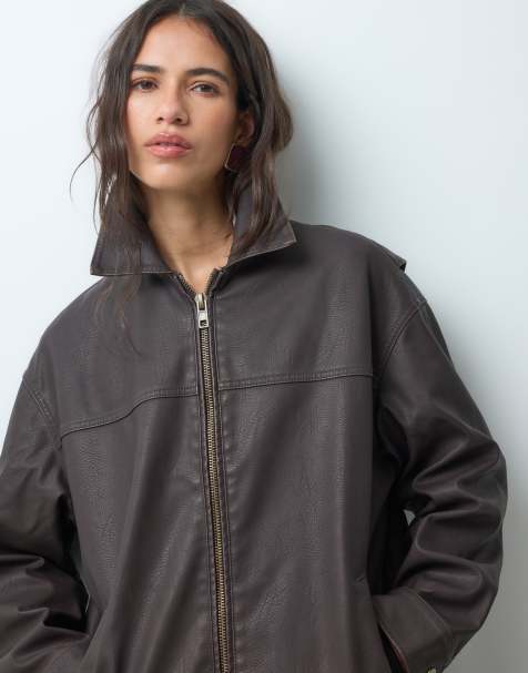 New Look oversized washed faux leather jacket in dark brown - view 1