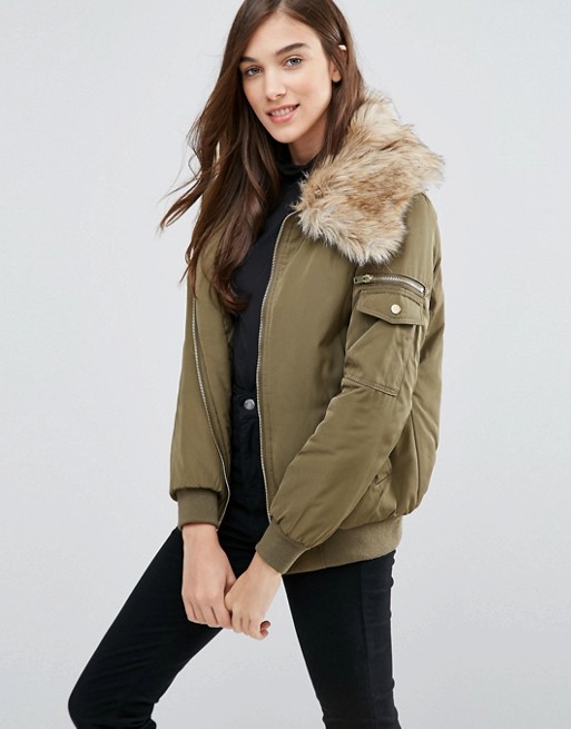New Look Padded Bomber With Faux Fur Collar | ASOS