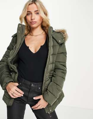 New Look padded coat with faux fur trim in khaki