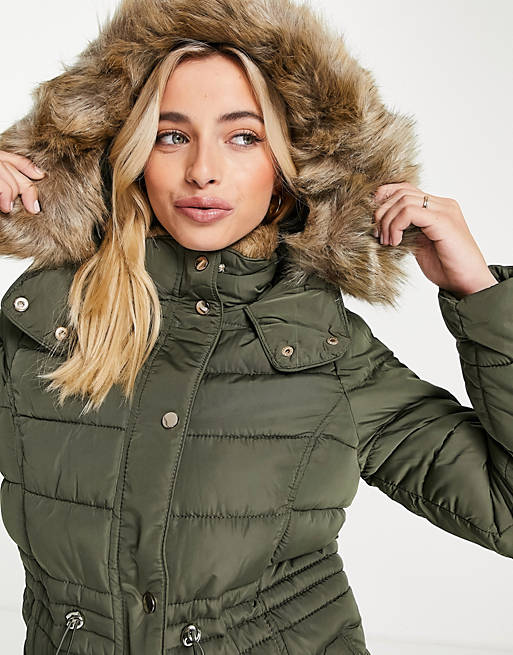 Women New Look padded coat with faux fur trim in khaki 