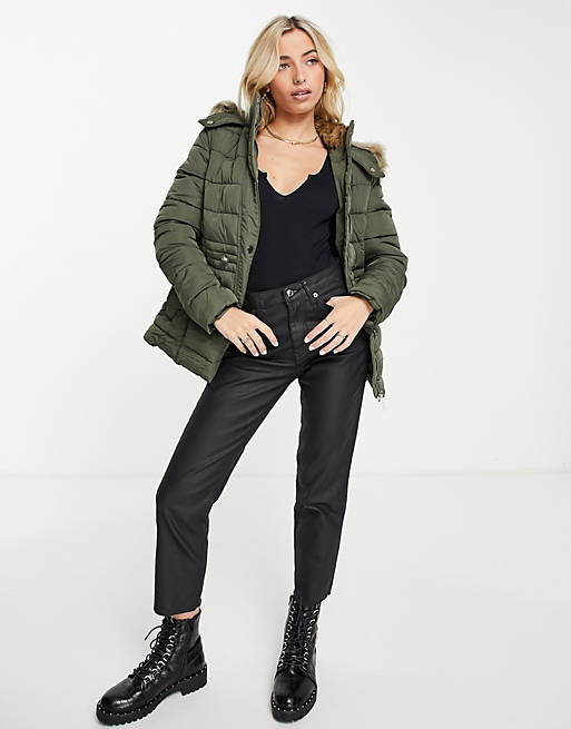 Women New Look padded coat with faux fur trim in khaki 