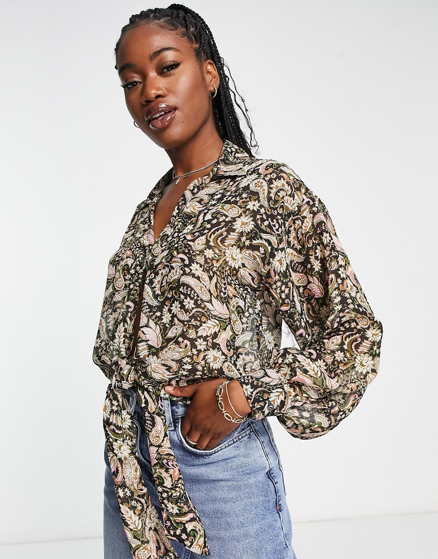 New Look paisley print tie front blouse in multi