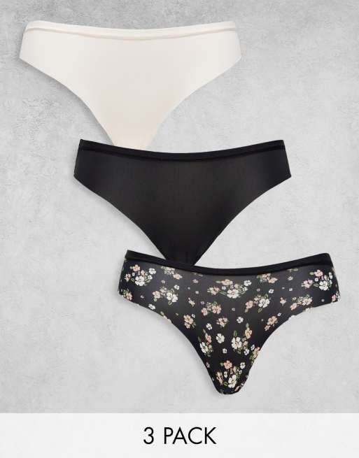 New Look - Pakke med 3 par usynlige trusser med blonder og blomstermønster i forskellige farver