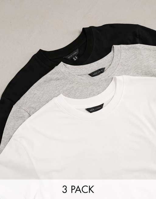 New Look - Pakke med 3 T-shirts i sort/grå/hvid i firkantet pasform
