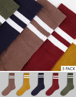 New Look - Pakke med 5 par sokker med sportsstriber i forskellige farver