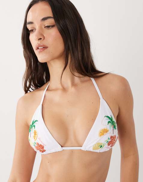 New Look palm print beaded triangle bikini top in white pattern - view 1
