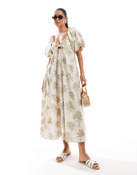 New Look palm print puff sleeve midi dress in white - view 1